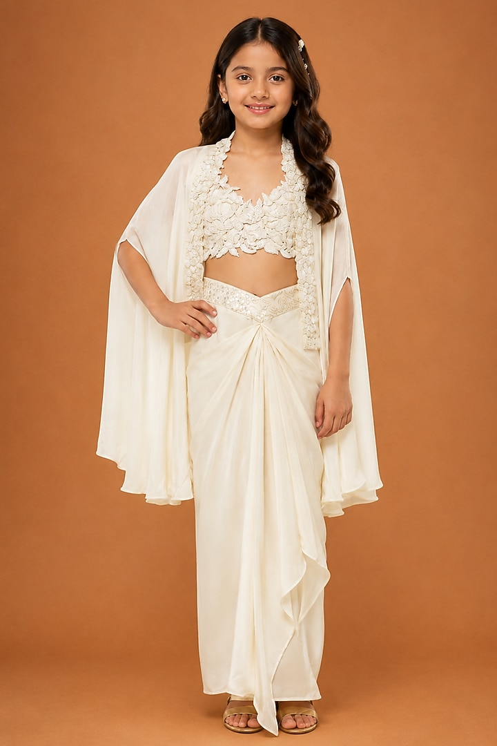 Ivory Satin Organza Tulle Floral Embroidered Drape Skirt Set For Girls by Asaga Kids Atelier at Pernia's Pop Up Shop