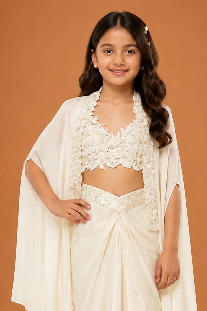 Ivory Satin Organza Tulle Floral Embroidered Drape Skirt Set For Girls by Asaga Kids Atelier at Pernia's Pop Up Shop