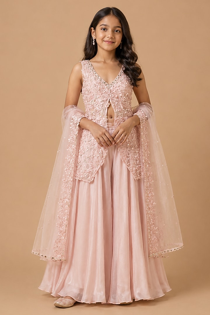 Baby Pink Satin Organza Tulle Embroidered Sharara Set For Girls by Asaga Kids Atelier at Pernia's Pop Up Shop