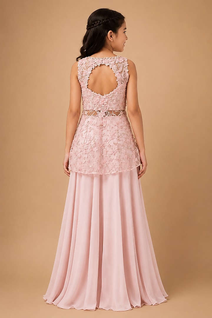 Baby Pink Satin Organza Tulle Embroidered Sharara Set For Girls by Asaga Kids Atelier at Pernia's Pop Up Shop