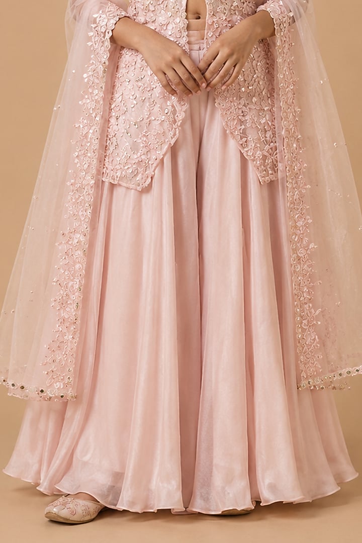 Baby Pink Satin Organza Tulle Embroidered Sharara Set For Girls by Asaga Kids Atelier at Pernia's Pop Up Shop