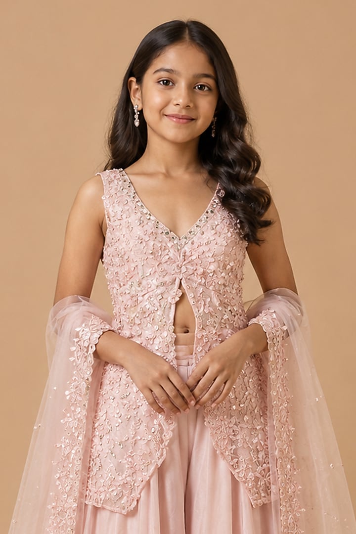 Baby Pink Satin Organza Tulle Embroidered Sharara Set For Girls by Asaga Kids Atelier at Pernia's Pop Up Shop