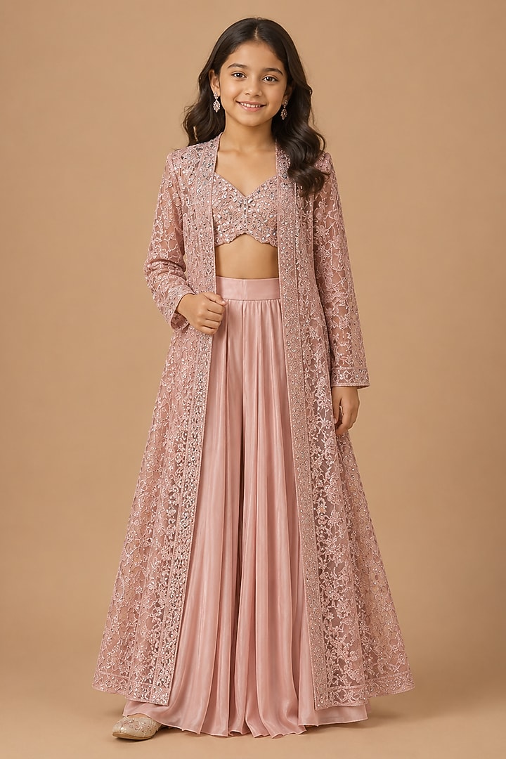 Rose Gold Satin Organza Tulle Embroidered Jacket Set For Girls by Asaga Kids Atelier at Pernia's Pop Up Shop