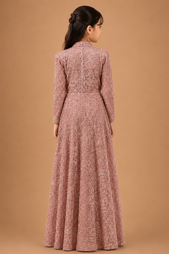 Rose Gold Satin Organza Tulle Embroidered Jacket Set For Girls by Asaga Kids Atelier at Pernia's Pop Up Shop