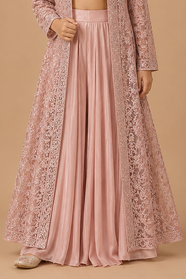 Rose Gold Satin Organza Tulle Embroidered Jacket Set For Girls by Asaga Kids Atelier at Pernia's Pop Up Shop
