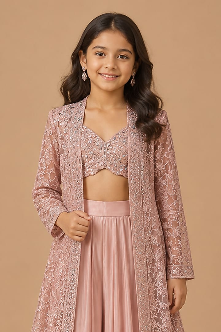 Rose Gold Satin Organza Tulle Embroidered Jacket Set For Girls by Asaga Kids Atelier at Pernia's Pop Up Shop