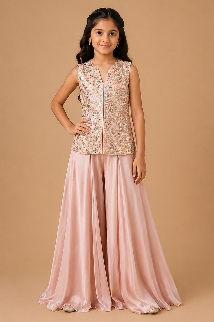 Rose Gold Satin Organza Tulle Sharara Set For Girls by Asaga Kids Atelier at Pernia's Pop Up Shop