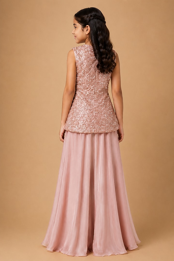 Rose Gold Satin Organza Tulle Sharara Set For Girls by Asaga Kids Atelier at Pernia's Pop Up Shop