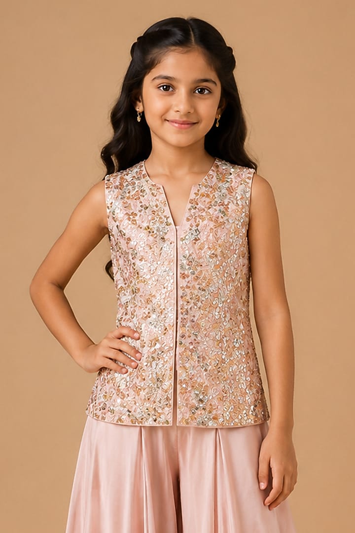 Rose Gold Satin Organza Tulle Sharara Set For Girls by Asaga Kids Atelier at Pernia's Pop Up Shop
