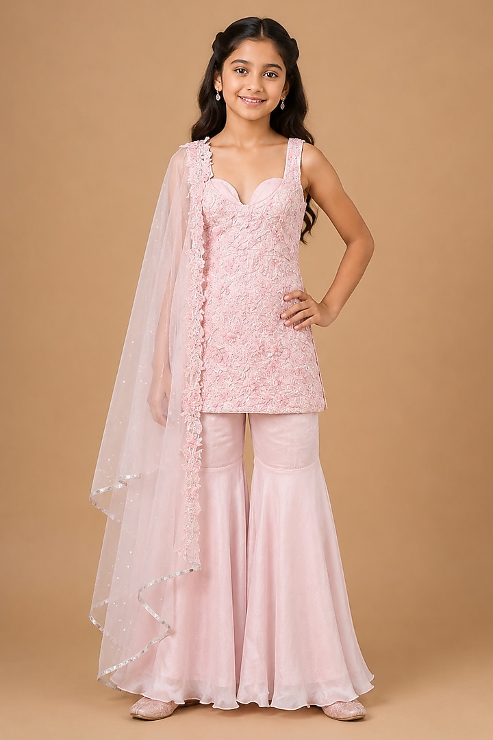 Baby Pink Satin Organza Tulle Sharara Set For Girls by Asaga Kids Atelier at Pernia's Pop Up Shop