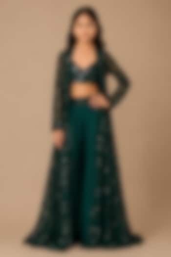 Emerald Green Satin Organza Tulle Embroidered Jacket Set For Girls by Asaga Kids Atelier at Pernia's Pop Up Shop