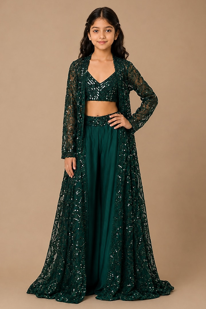 Emerald Green Satin Organza Tulle Embroidered Jacket Set For Girls by Asaga Kids Atelier at Pernia's Pop Up Shop
