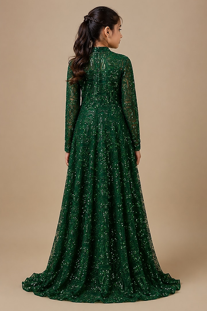 Emerald Green Satin Organza Tulle Embroidered Jacket Set For Girls by Asaga Kids Atelier at Pernia's Pop Up Shop