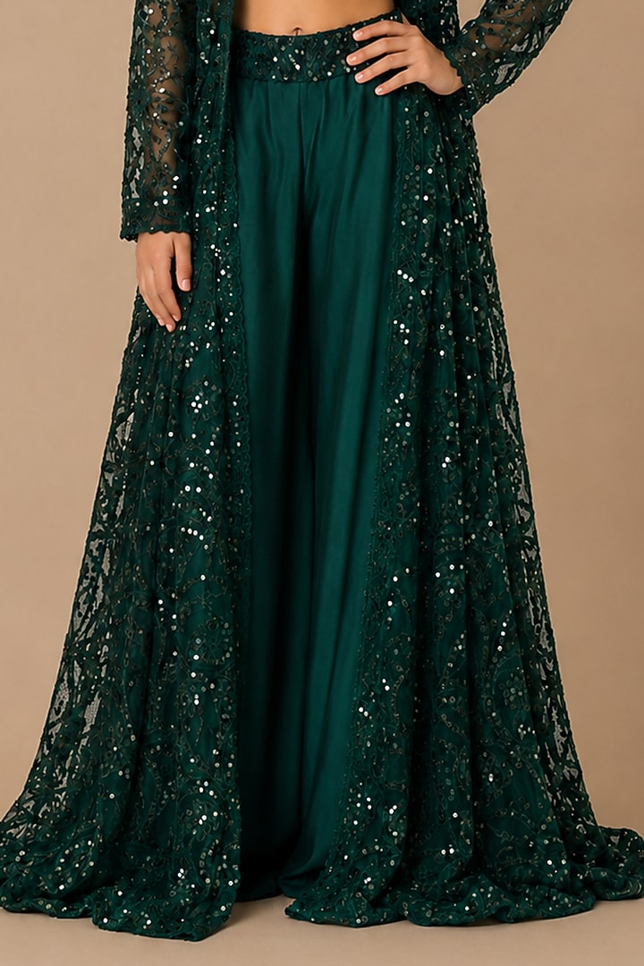 Emerald Green Satin Organza Tulle Embroidered Jacket Set For Girls by Asaga Kids Atelier at Pernia's Pop Up Shop