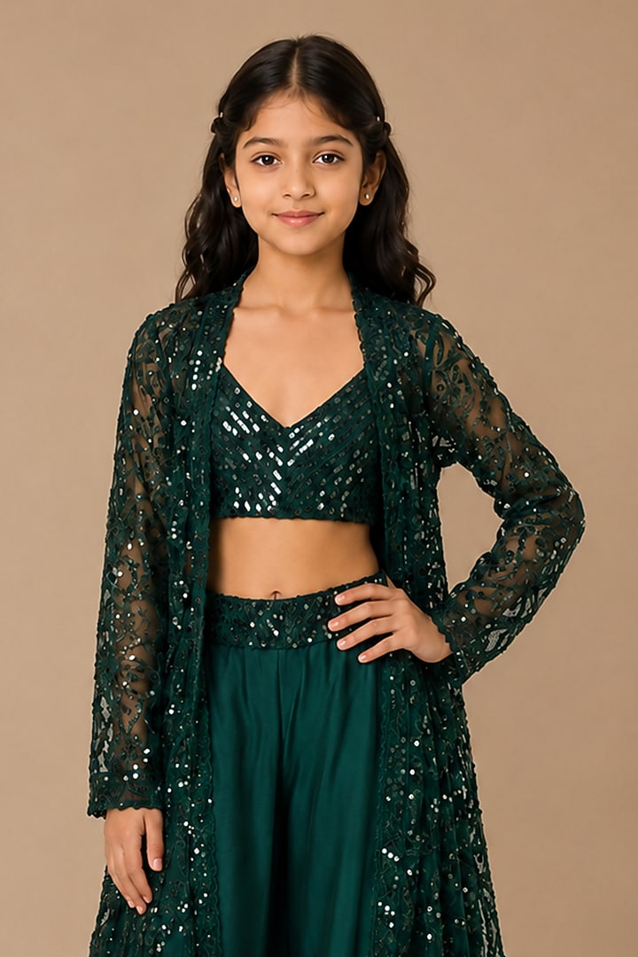 Emerald Green Satin Organza Tulle Embroidered Jacket Set For Girls by Asaga Kids Atelier at Pernia's Pop Up Shop