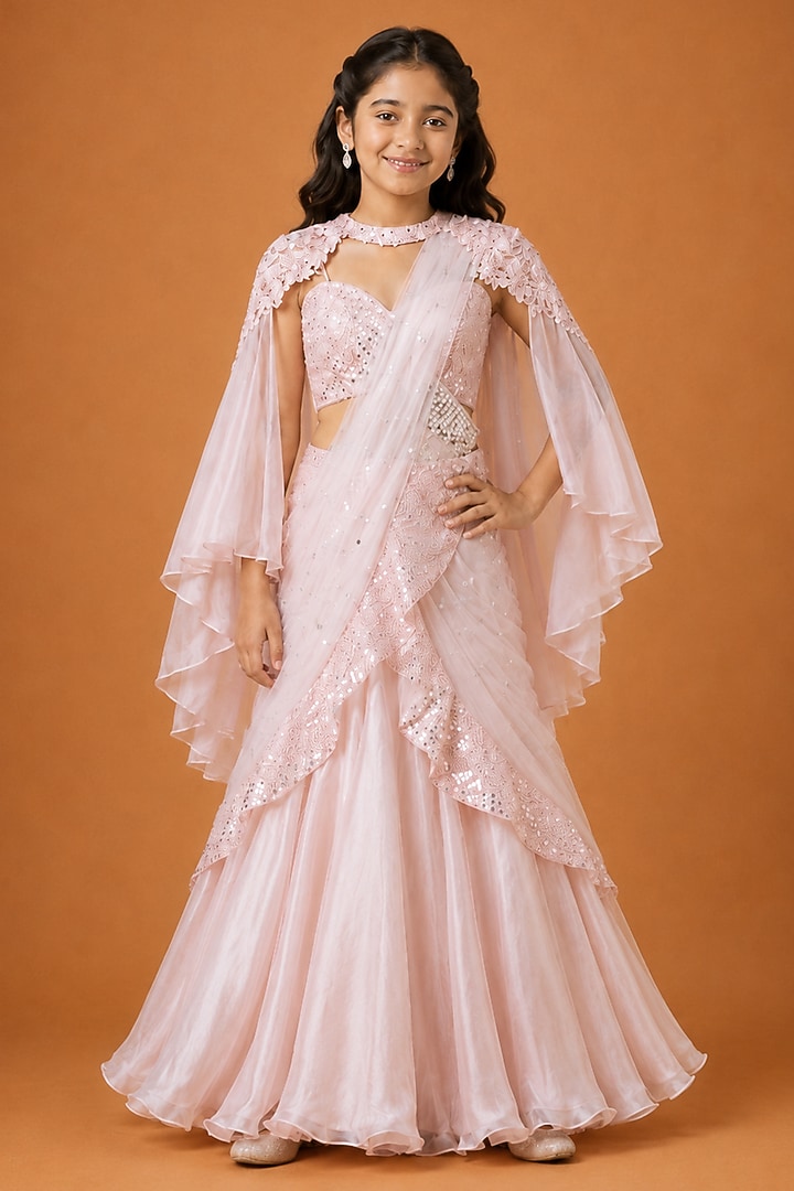 Baby Pink Satin Organza Tulle Drape Saree Set For Girls by Asaga Kids Atelier at Pernia's Pop Up Shop