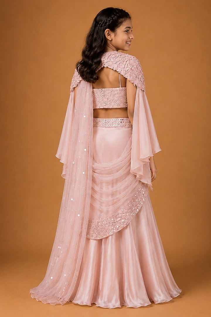 Baby Pink Satin Organza Tulle Drape Saree Set For Girls by Asaga Kids Atelier at Pernia's Pop Up Shop