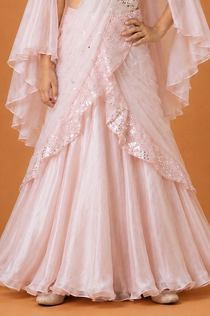 Baby Pink Satin Organza Tulle Drape Saree Set For Girls by Asaga Kids Atelier at Pernia's Pop Up Shop