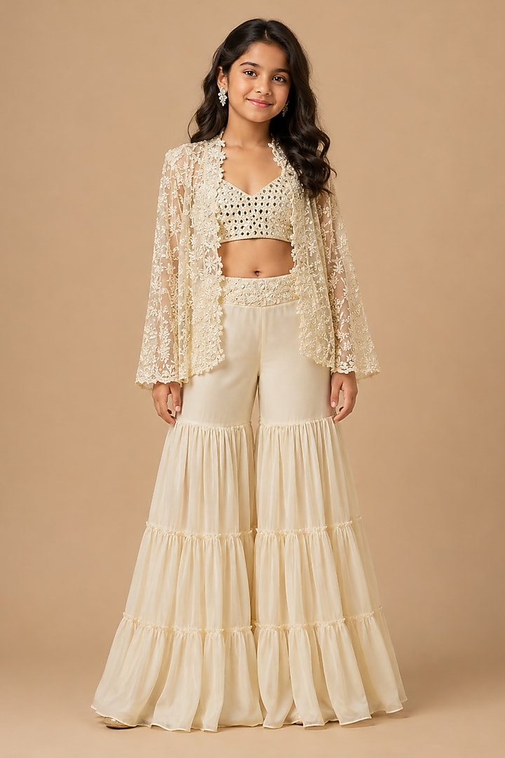 Ivory Satin Organza Tulle Sharara Set For Girls by Asaga Kids Atelier at Pernia's Pop Up Shop