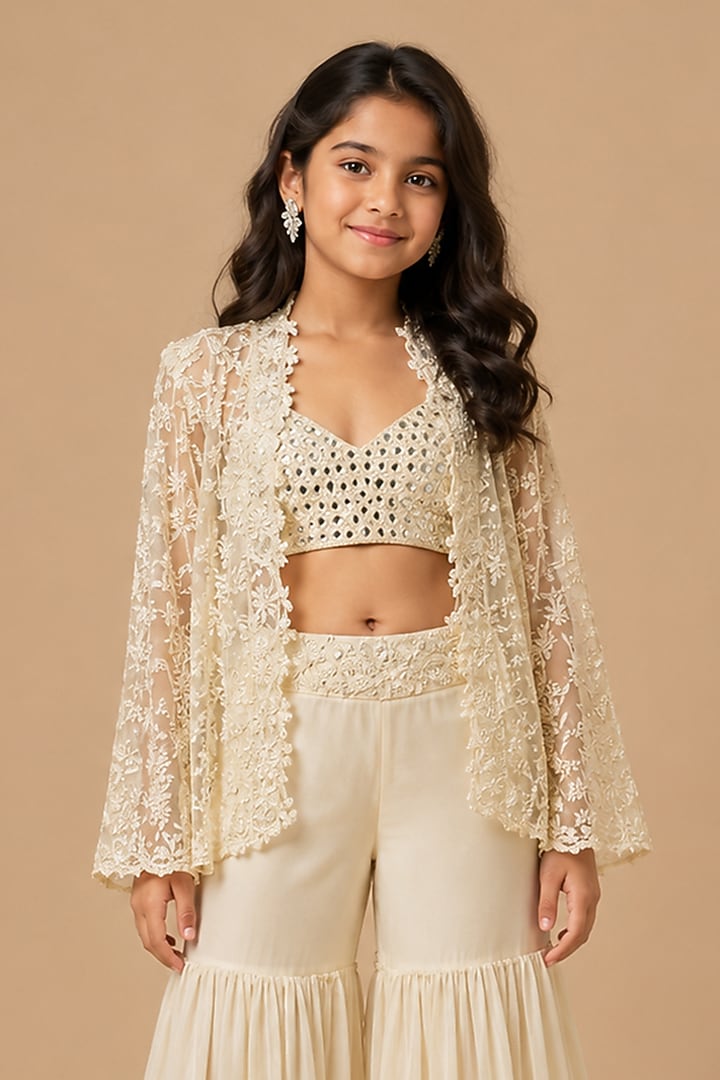 Ivory Satin Organza Tulle Sharara Set For Girls by Asaga Kids Atelier at Pernia's Pop Up Shop