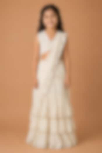 Ivory Satin Organza Tulle Drape Saree Set For Girls by Asaga Kids Atelier at Pernia's Pop Up Shop