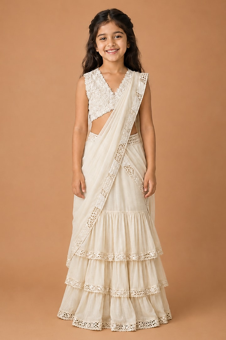 Ivory Satin Organza Tulle Drape Saree Set For Girls by Asaga Kids Atelier at Pernia's Pop Up Shop