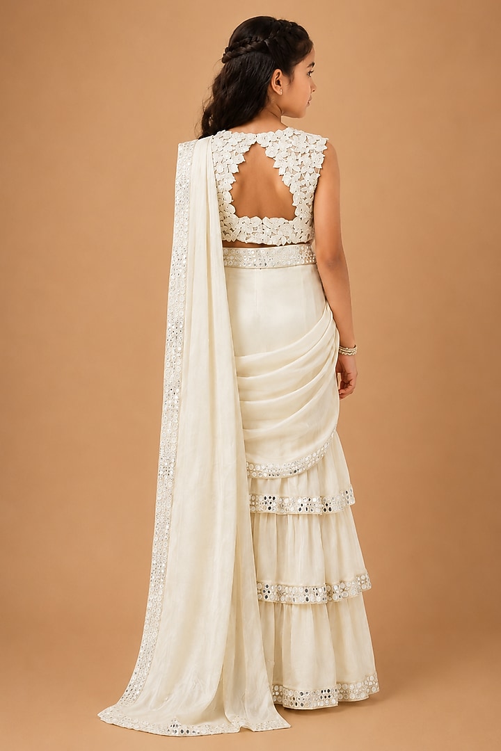 Ivory Satin Organza Tulle Drape Saree Set For Girls by Asaga Kids Atelier at Pernia's Pop Up Shop