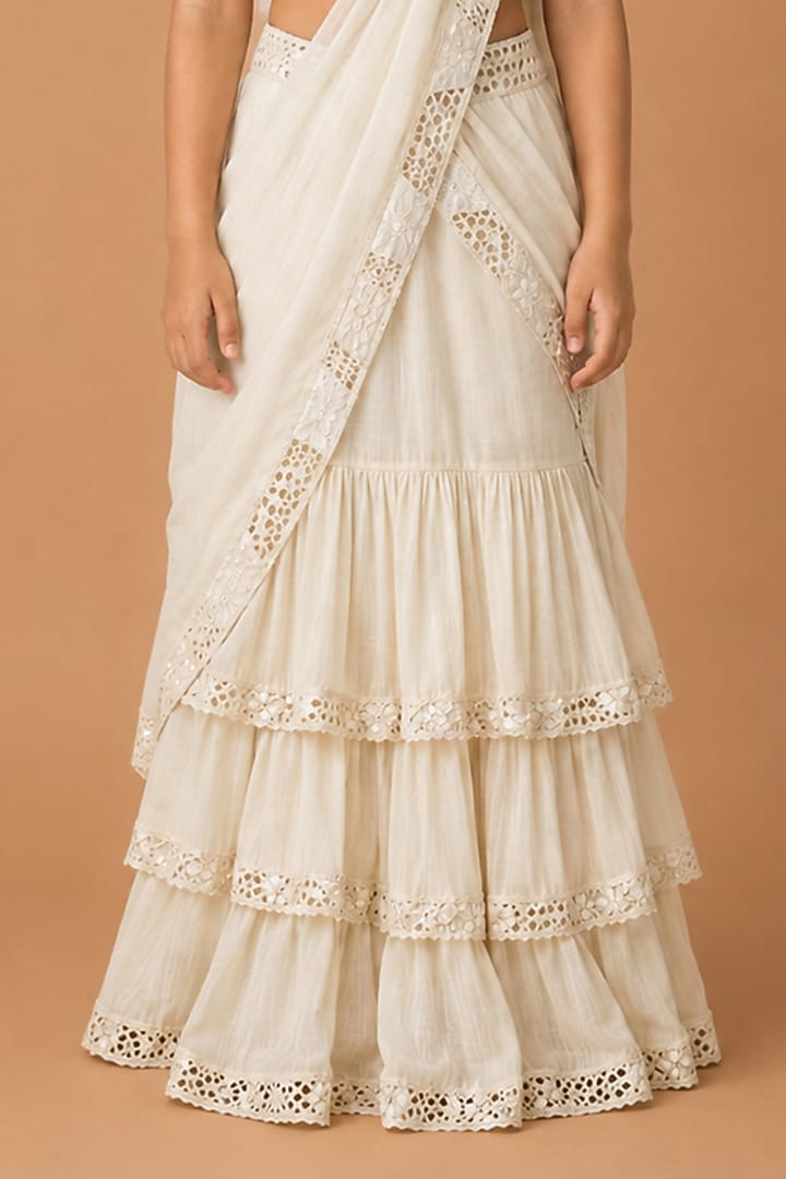 Ivory Satin Organza Tulle Drape Saree Set For Girls by Asaga Kids Atelier at Pernia's Pop Up Shop