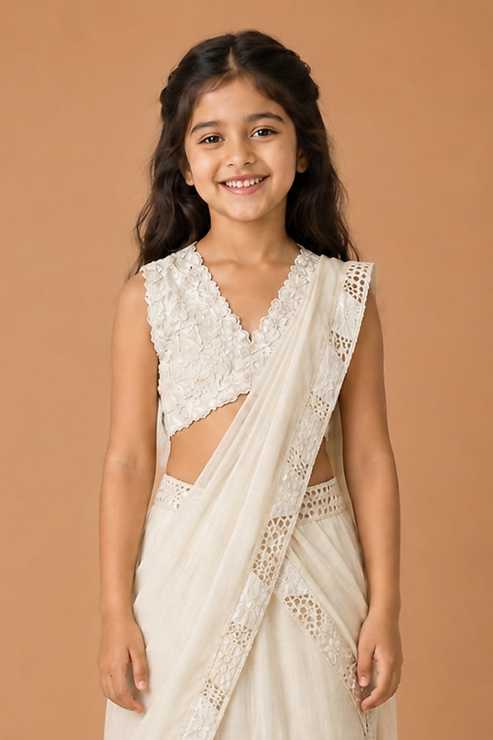 Ivory Satin Organza Tulle Drape Saree Set For Girls by Asaga Kids Atelier at Pernia's Pop Up Shop