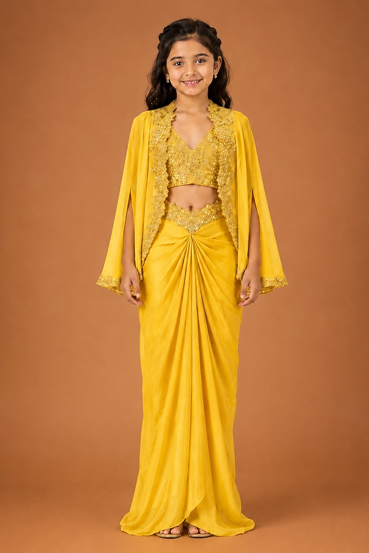 Yellow Satin Organza Tulle Drape Skirt Set For Girls by Asaga Kids Atelier at Pernia's Pop Up Shop