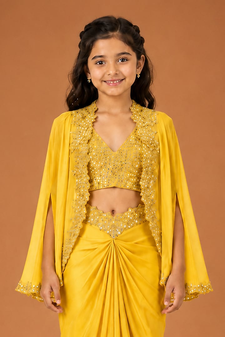 Yellow Satin Organza Tulle Drape Skirt Set For Girls by Asaga Kids Atelier at Pernia's Pop Up Shop