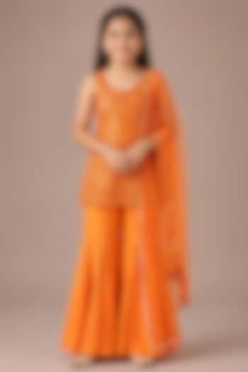 Orange Satin Organza Tulle Sharara Set For Girls by Asaga Kids Atelier at Pernia's Pop Up Shop