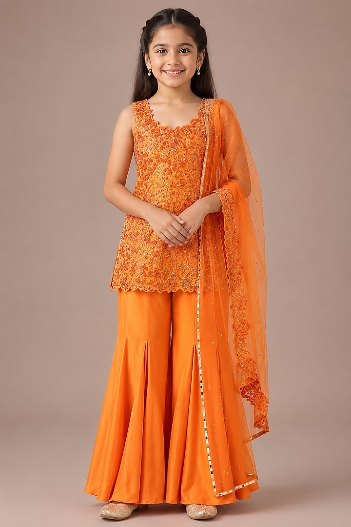Orange Satin Organza Tulle Sharara Set For Girls by Asaga Kids Atelier at Pernia's Pop Up Shop