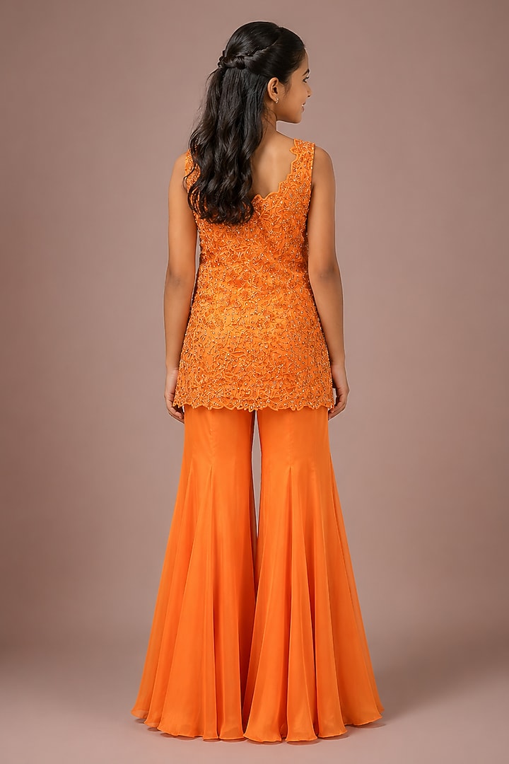 Orange Satin Organza Tulle Sharara Set For Girls by Asaga Kids Atelier at Pernia's Pop Up Shop