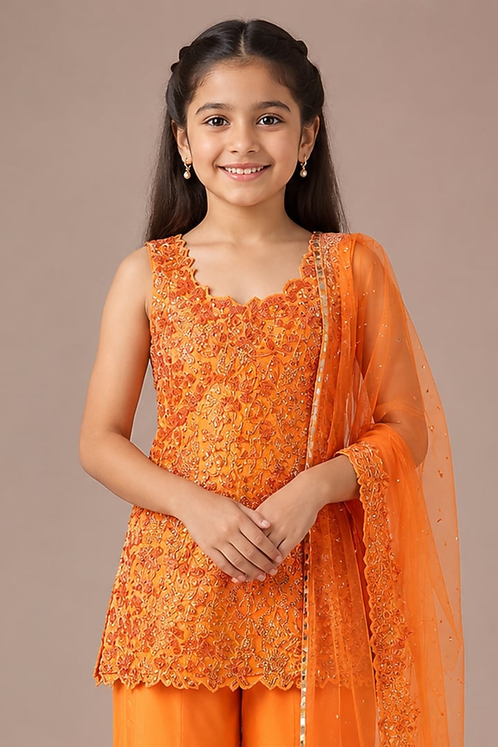 Orange Satin Organza Tulle Sharara Set For Girls by Asaga Kids Atelier at Pernia's Pop Up Shop