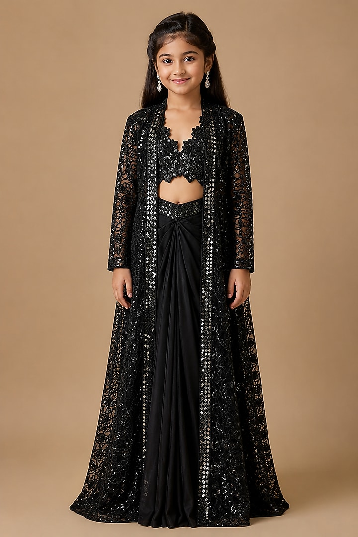 Black Satin Organza Tulle Embroidered Long Jacket Set For Girls by Asaga Kids Atelier at Pernia's Pop Up Shop