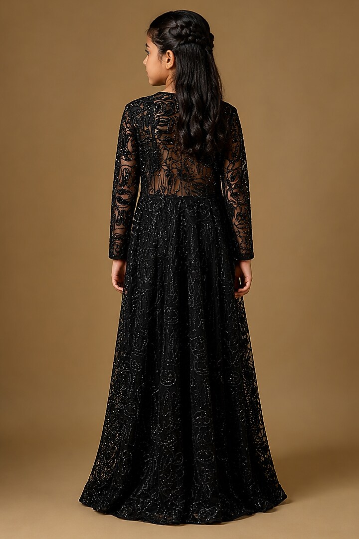 Black Satin Organza Tulle Embroidered Long Jacket Set For Girls by Asaga Kids Atelier at Pernia's Pop Up Shop