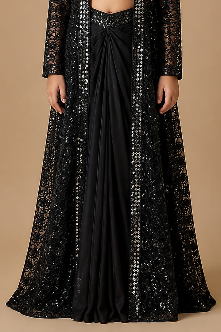 Black Satin Organza Tulle Embroidered Long Jacket Set For Girls by Asaga Kids Atelier at Pernia's Pop Up Shop