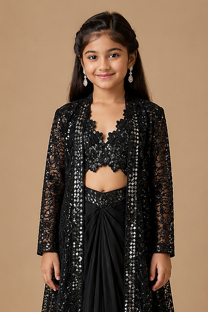 Black Satin Organza Tulle Embroidered Long Jacket Set For Girls by Asaga Kids Atelier at Pernia's Pop Up Shop