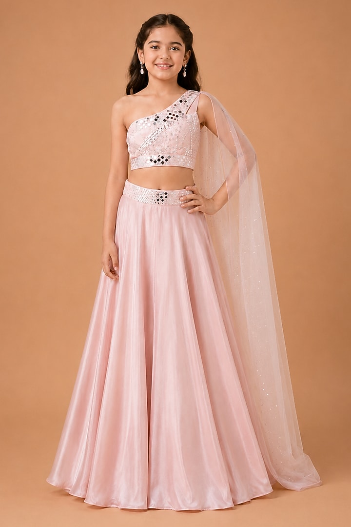 Baby Pink Satin Organza Tulle Lehenga Set For Girls by Asaga Kids Atelier at Pernia's Pop Up Shop