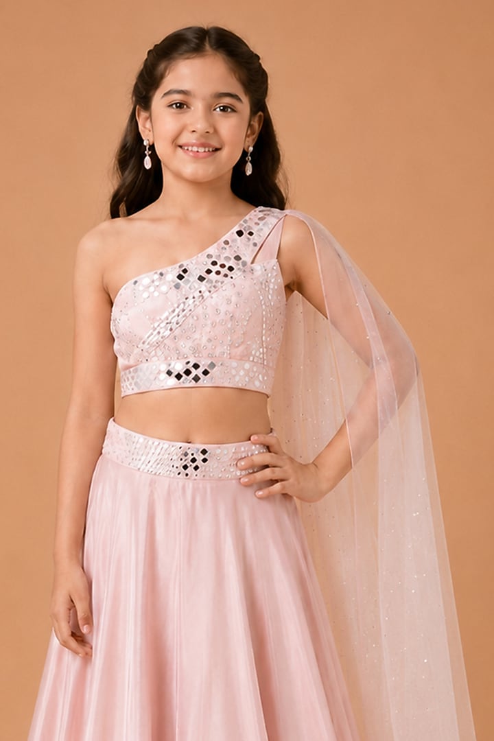 Baby Pink Satin Organza Tulle Lehenga Set For Girls by Asaga Kids Atelier at Pernia's Pop Up Shop