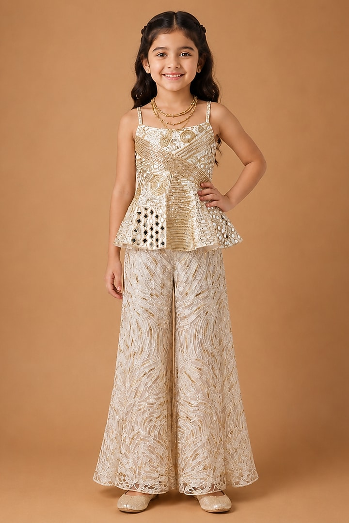 Ivory Gold Tulle Pant Set For Girls by Asaga Kids Atelier at Pernia's Pop Up Shop