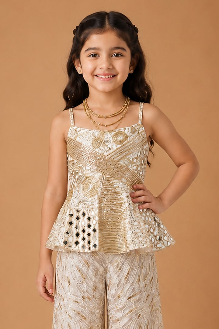 Ivory Gold Tulle Pant Set For Girls by Asaga Kids Atelier at Pernia's Pop Up Shop