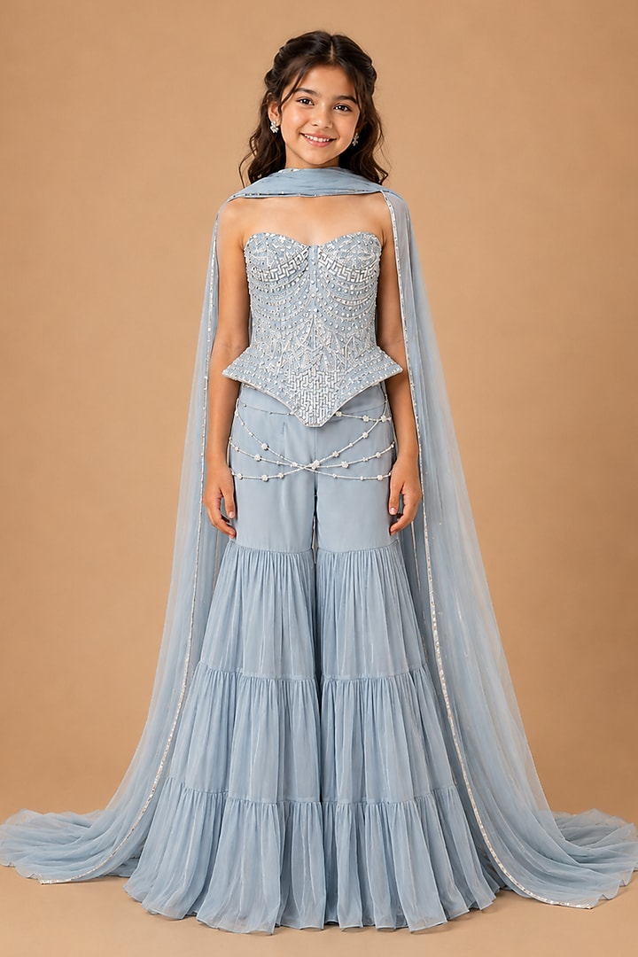 Baby Blue Satin Organza Tulle Sharara Set For Girls by Asaga Kids Atelier at Pernia's Pop Up Shop