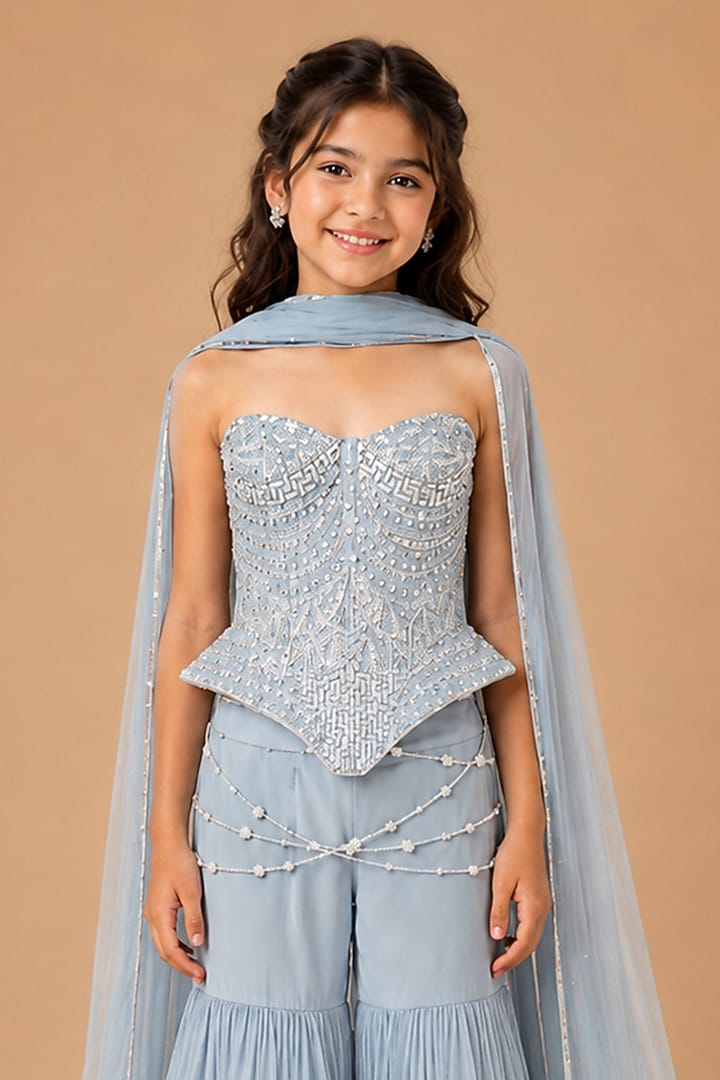Baby Blue Satin Organza Tulle Sharara Set For Girls by Asaga Kids Atelier at Pernia's Pop Up Shop