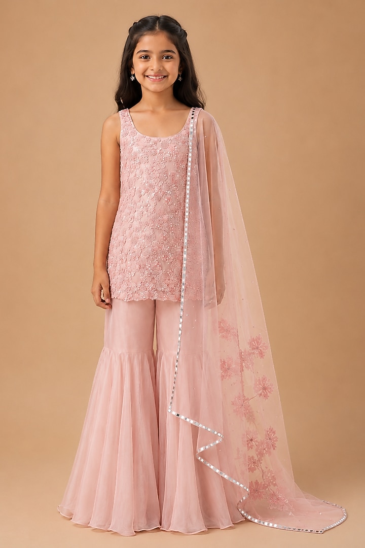 Baby Pink Satin Organza Tulle Sharara Set For Girls by Asaga Kids Atelier at Pernia's Pop Up Shop