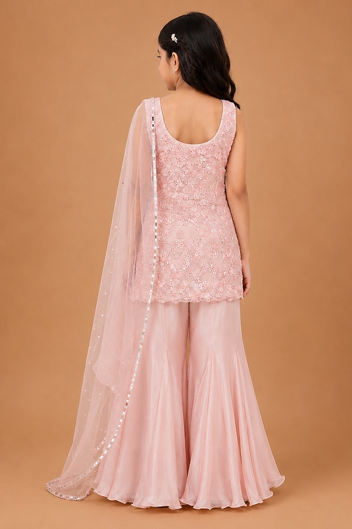 Baby Pink Satin Organza Tulle Sharara Set For Girls by Asaga Kids Atelier at Pernia's Pop Up Shop