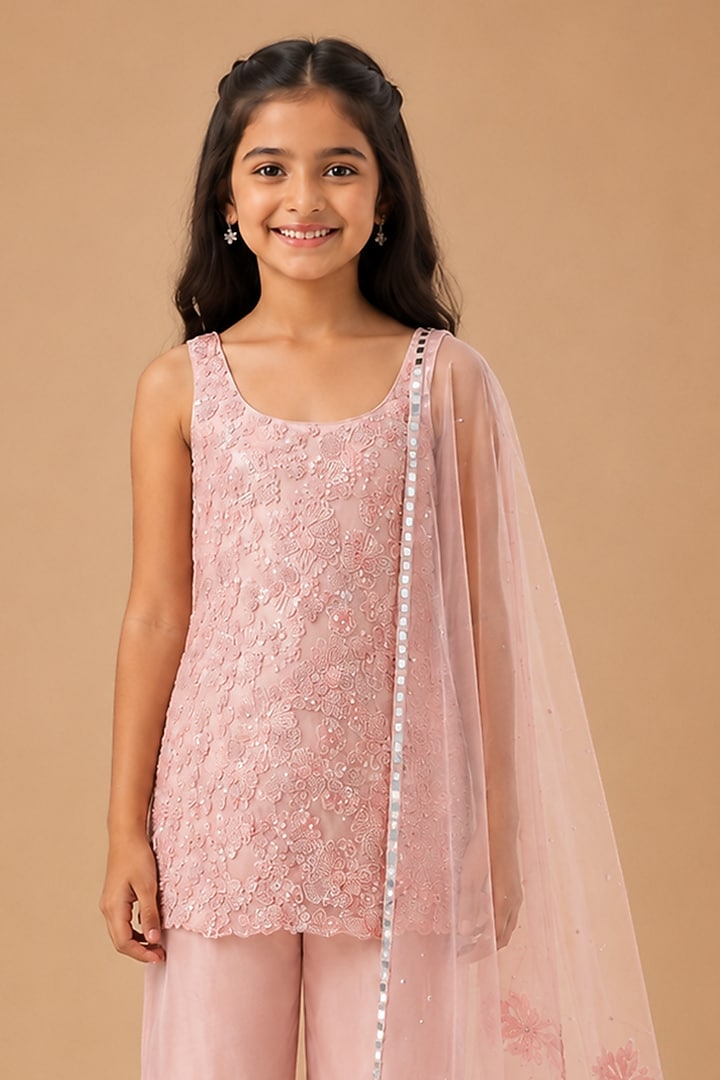 Baby Pink Satin Organza Tulle Sharara Set For Girls by Asaga Kids Atelier at Pernia's Pop Up Shop