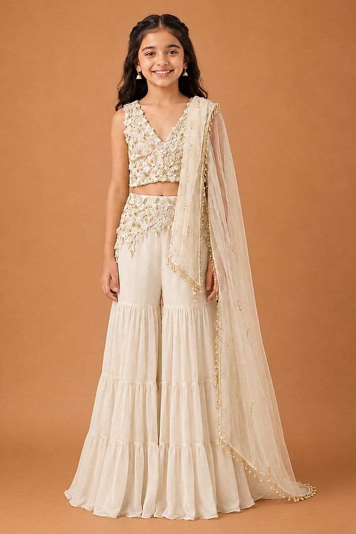 Ivory Satin Organza Tulle Sharara Set For Girls by Asaga Kids Atelier at Pernia's Pop Up Shop
