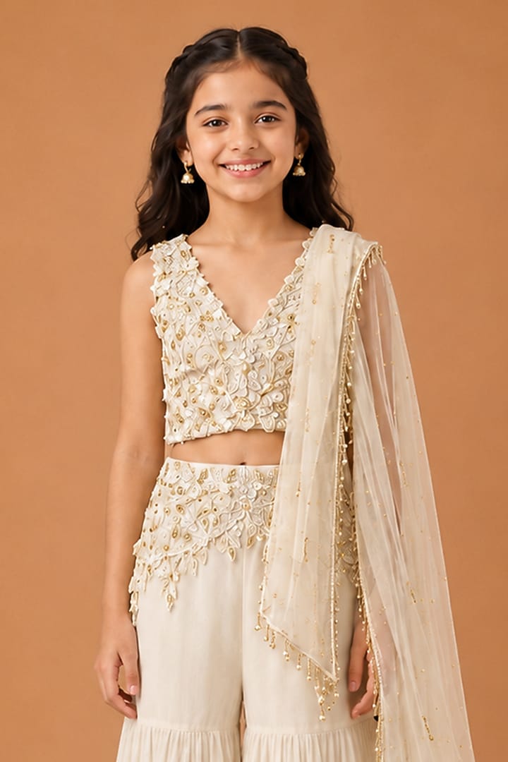 Ivory Satin Organza Tulle Sharara Set For Girls by Asaga Kids Atelier at Pernia's Pop Up Shop